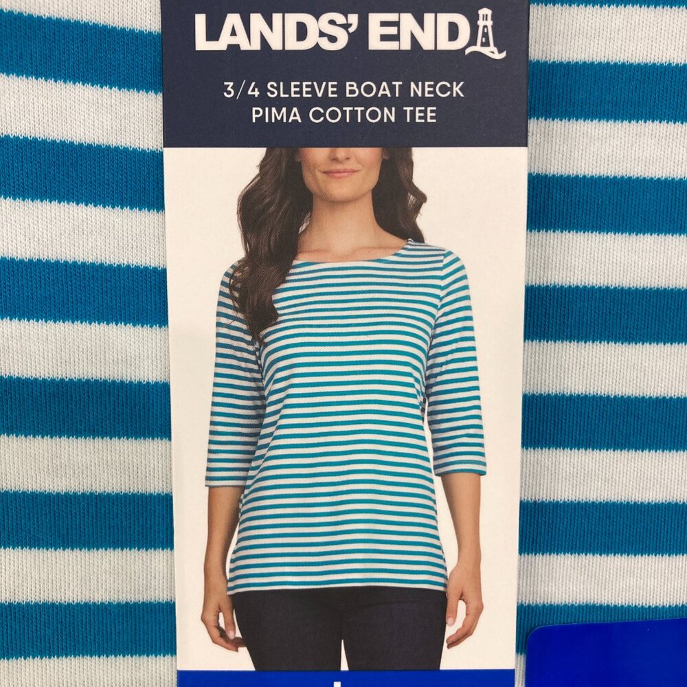 New Lands' End‎ Large Blue White Striped Pima Cotton 3/4 Sleeve Boat Neck Top